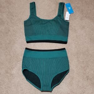 Cupshe Teal Ribbed High-Waist Bikini Set with Black Trim